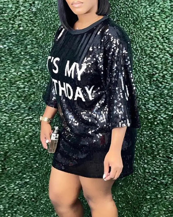 

Женское мини-платье с блестками, повседневное элегантное платье с буквенным принтом, 2023