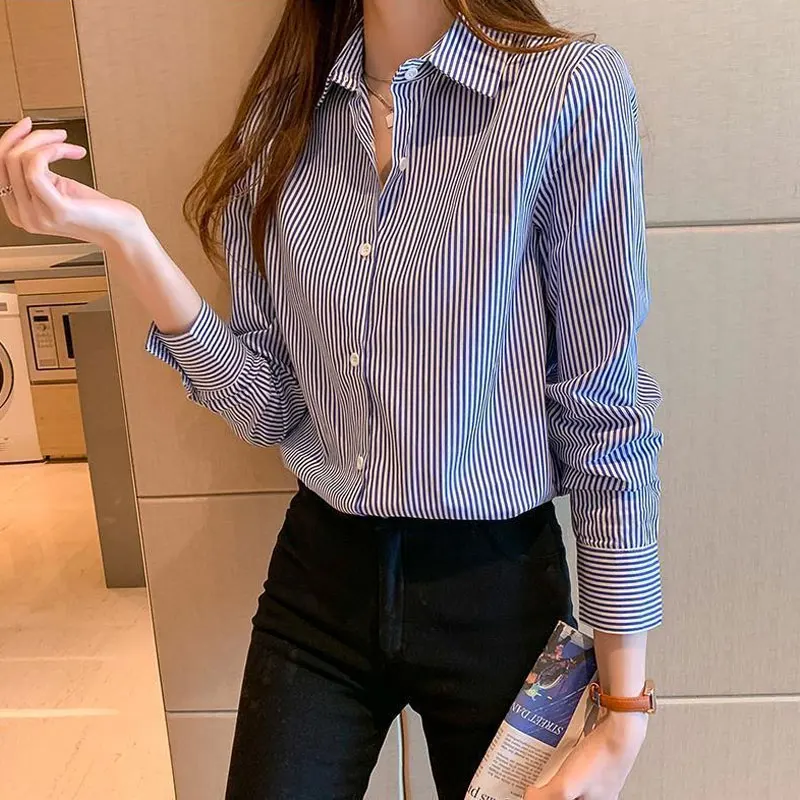 Korean Fashion Women Shirt Commute Striped Printed Blouse Simple All-match Casual Blouse Chic Design Loose Basic Office Lady Top enlarge