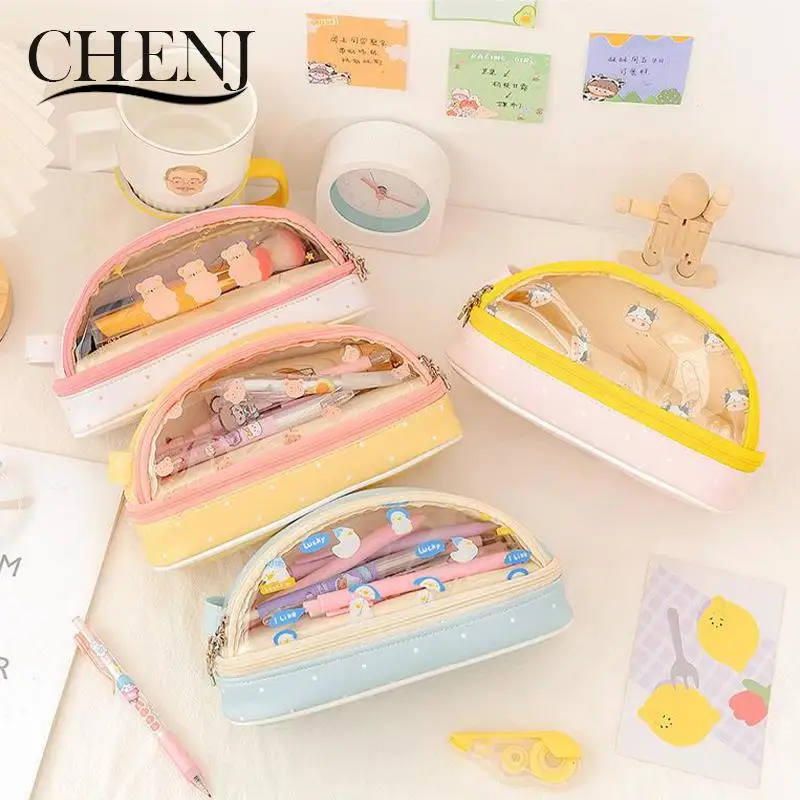 

Large Capacity Transparent Double Layer Pen Box Student Zipper Pencil Case Multi-Purpose Stationery Storage Bag School Supplies