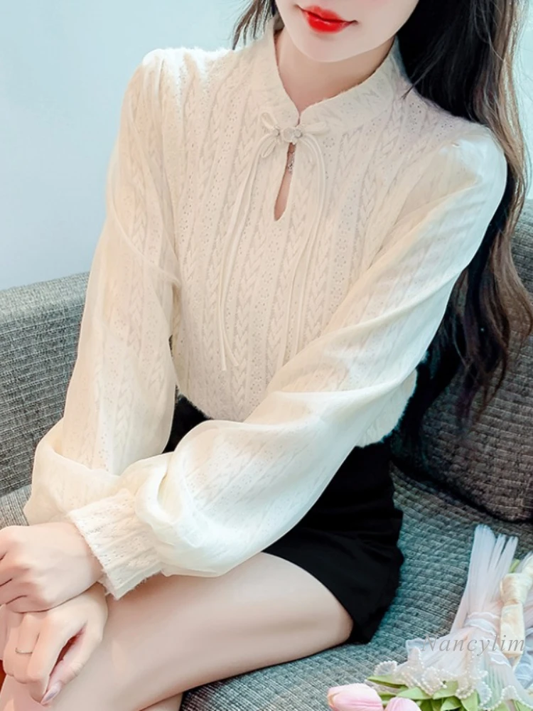 

New Chinese Knot Button Top Women's Autumn Clothing 2023 Women's Fall and Winter Inner Wear Temperament Long Sleeve Lace Shirt