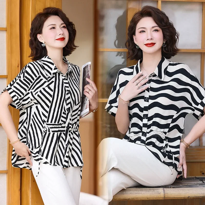Новинка 2024 рубашка в полоску для женщин среднего и пожилого возраста летняя