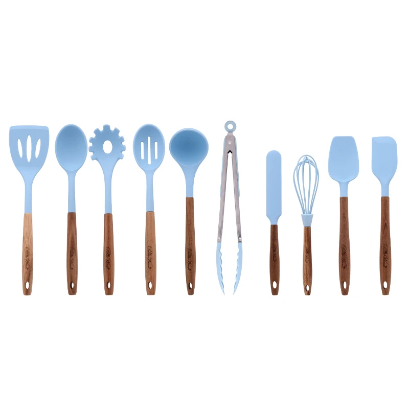 

Silicone Kitchen Utensils, 10 Piece Set, Blue, Acacia Wood Handle