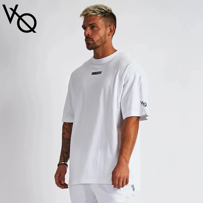 

VANQUISH FITNESS Men Oversized T-Shirt Gym Running Training Clothes Cotton Short Sleeves Streetwear Casual fashion Men Clothing