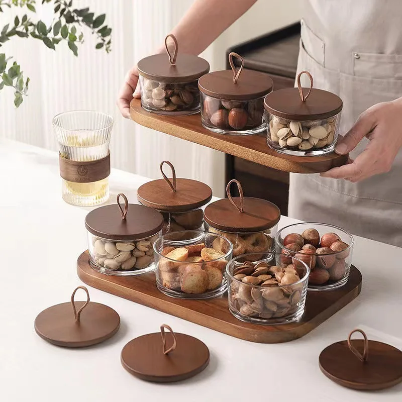 

The New Glass Living Room Fruit Plate Creative Style Japanese Wood Dried Fruit Plate Home Tea Table Fruit Plate Multi Grid Boxes