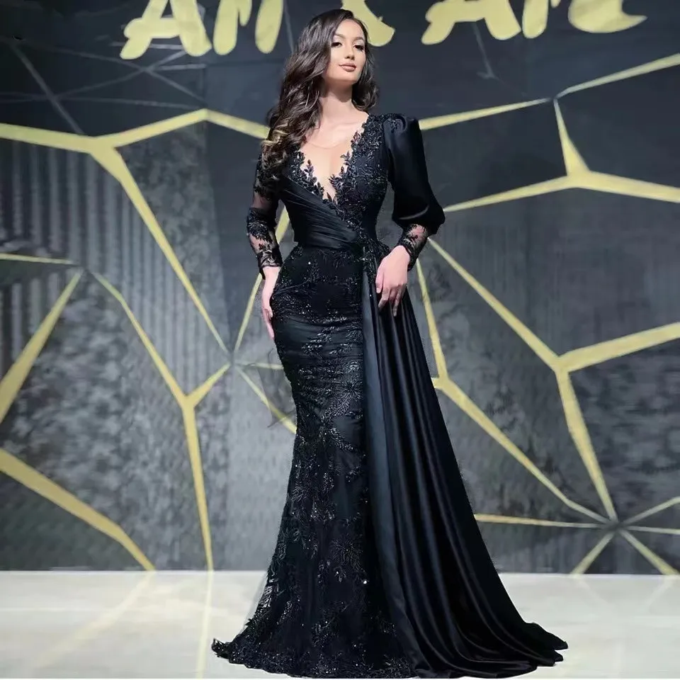 

Vinca Sunny Sexy Black Lace Mermaid Prom Dresses Formal Dress Dubai Arabic Long Sleeves Evening Gowns robes de soirée 2023