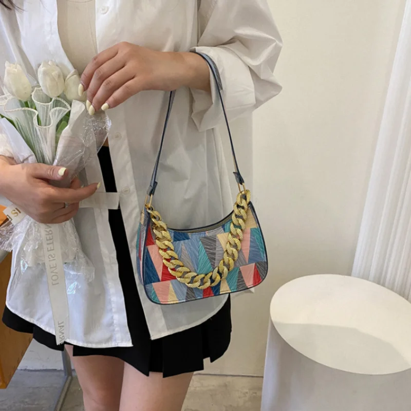 

Popular Versatile Women's Bag Fashion Texture Shoulder Bags Luxury PU Leather Plaid Shopping Bags Trend Contrast Color Handbags