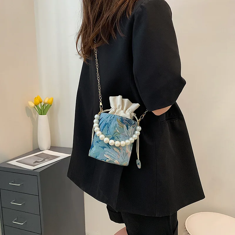 

Fashion Oil Painting Mini Bucket Bag For Women Chains Decors Crossbody Bag Luxury Pearl Shoulder Messenger Gilrs Drawstring Bags