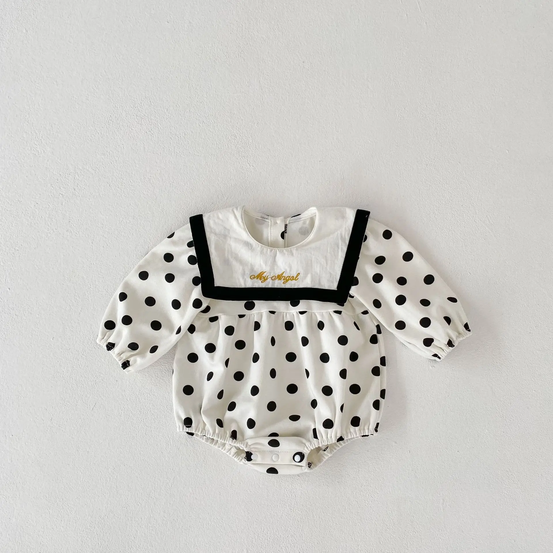

2022 Autumn New Girl Baby Dots Print Long Sleeve Romper Boy Infant Embroidery Letter Jumpsuit Toddler Cotton Fashion One-piece