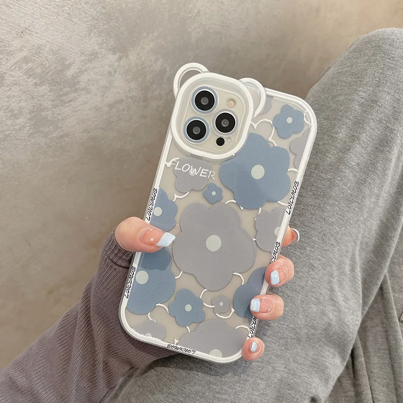 

Синий цветочный мультяшный чехол с кошачьими ушками для телефона iphone 14 13 12 11 Pro Max, защитный чехол с камерой для iphone X XS XR XSMax, чехол
