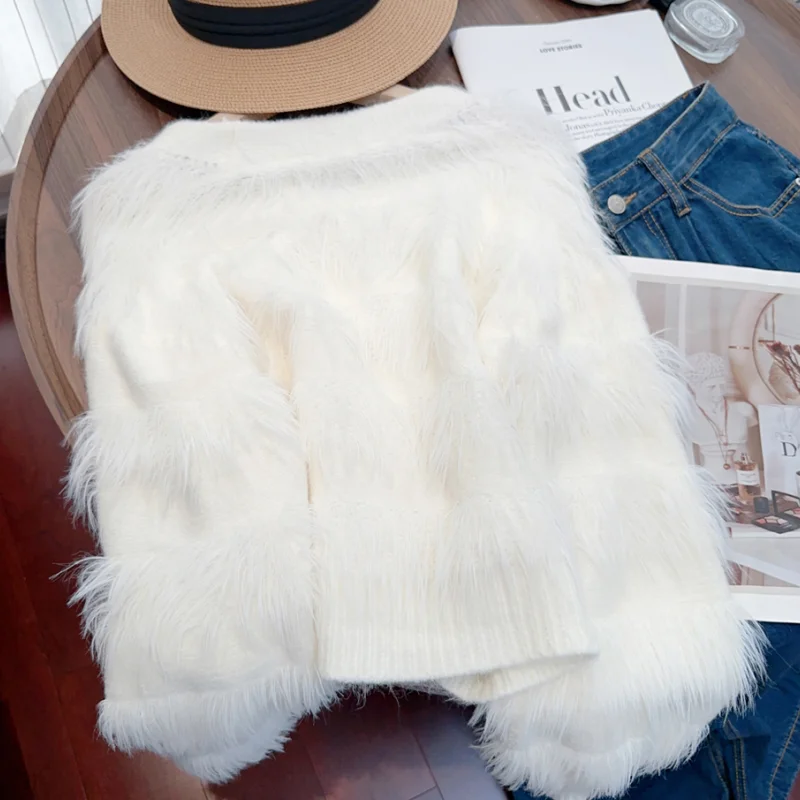 Уникальная белая женская одежда куртка с v-образным вырезом вязаный свитер