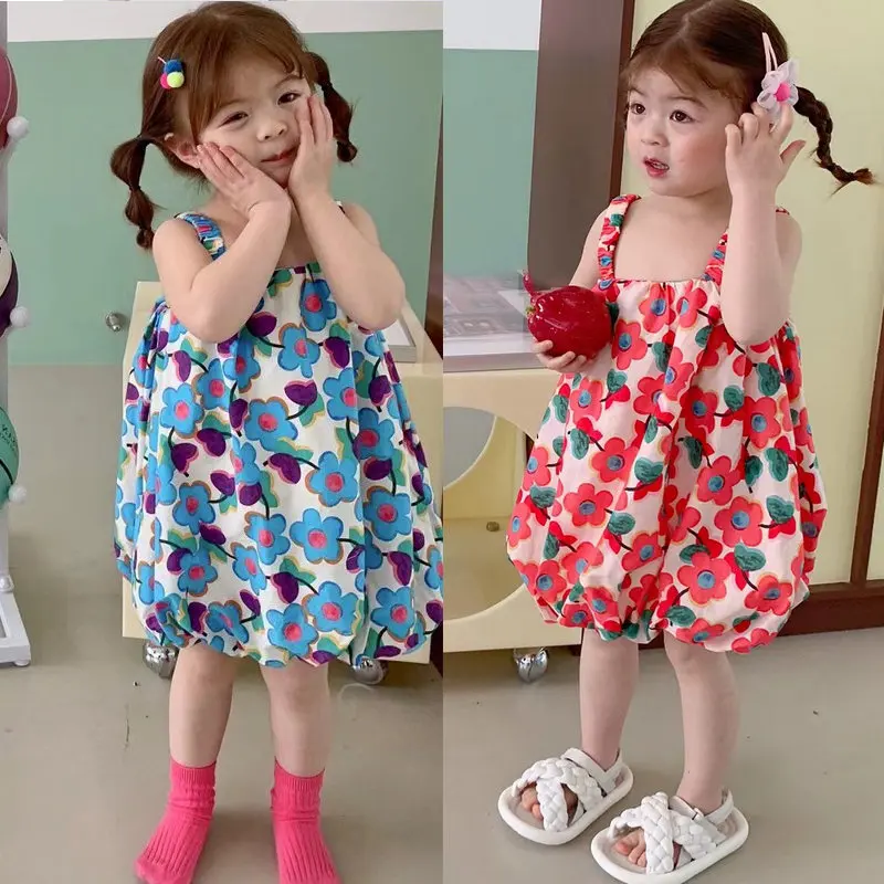 

Cute Children's Clothing 2022 Summer New Sleeveless Sweet Flower Bud Dresses For Girls Print Suspenders Princess Dress 2-6 Years