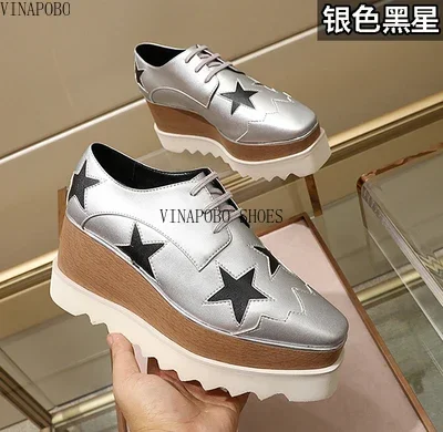 vinapobo New Genuine Leather Stars Shoes Bottom Platform Square Head Women Casual Breathable Waterproof Wedges Sneakers