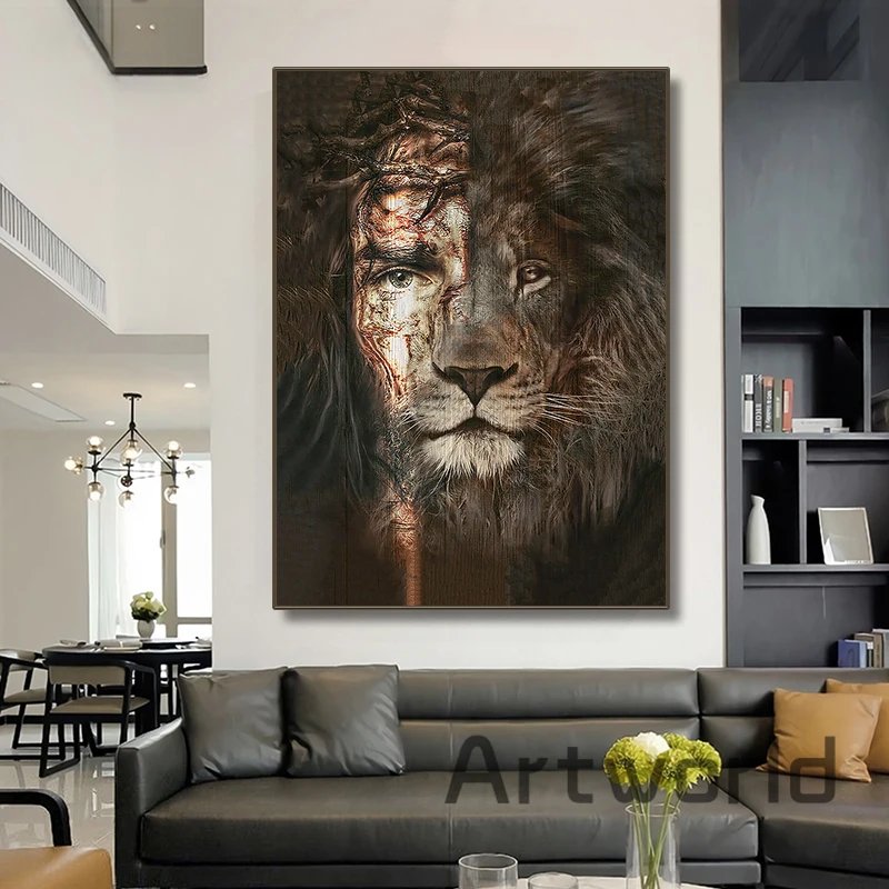 

Креативный портрет Иисуса, винтажный постер с изображением Льва и животных, настенная Художественная Картина на холсте для гостиной, домаш...