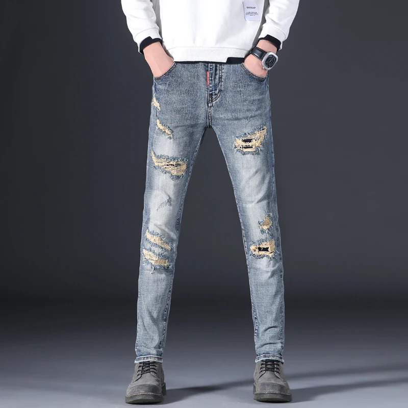 European and American Men's Perforated Jeans Trend Brand Slim Fit Ripped Jeans Motorcycle Pants Men's Skinny Jeans