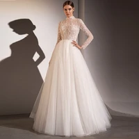 elegant wedding dress ball gown high collar long sleeves lace wedding gowns sweep train beaded applique illusion bridal dresses