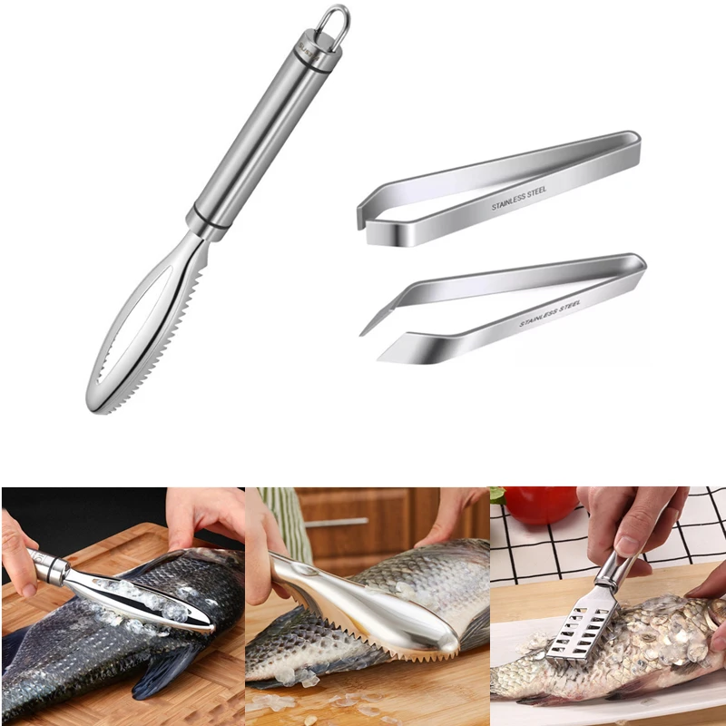 

Stainless Steel Fish Scaler Remover Cleaner Fish Skin Graters Peeler Scraper Fish Bone Tweezer for Kitchen Fish Cleaning Tools