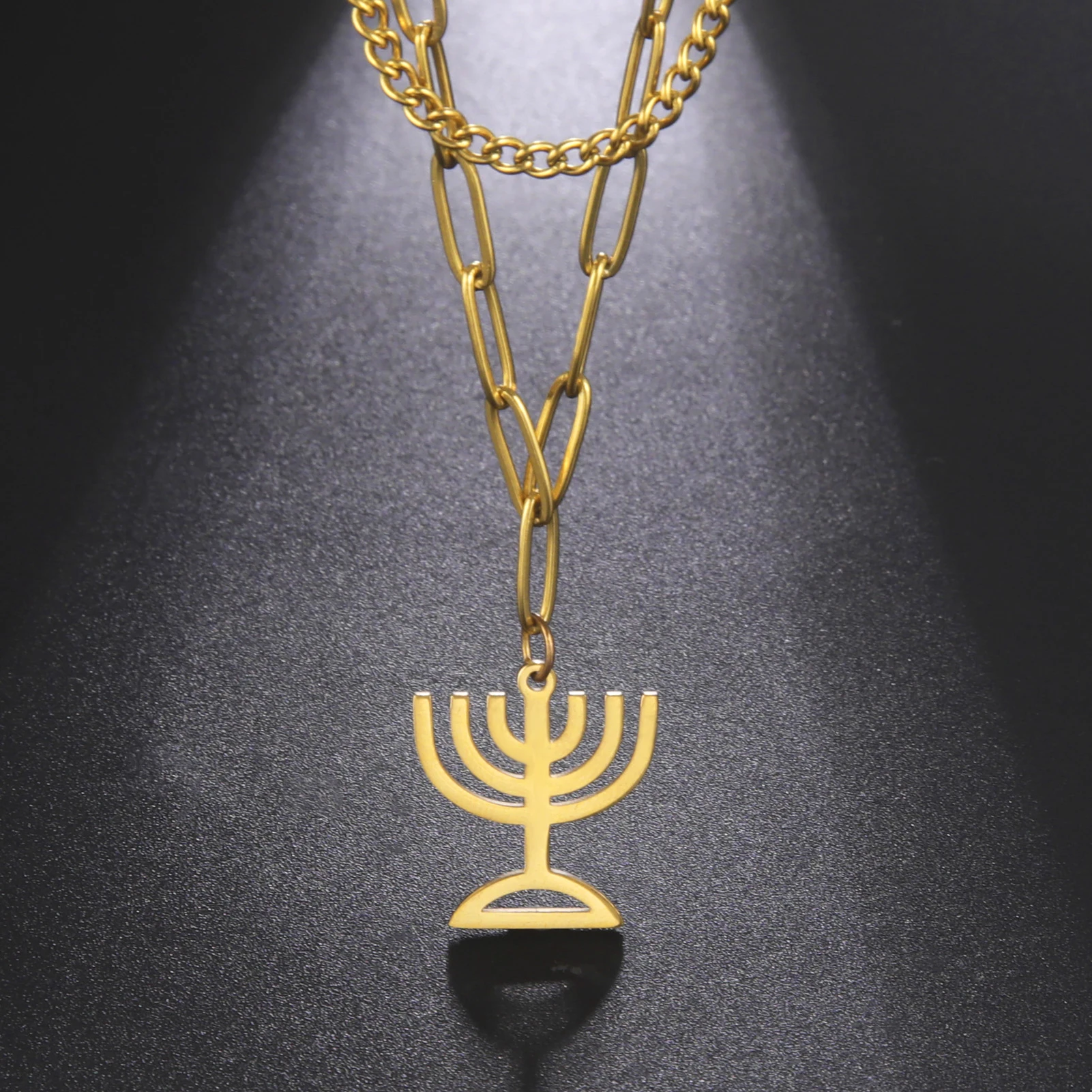 

LIKGREAT Hanukkah Menorah Candles Jewish Jewelery Religious Double Layer Necklace Israel Faith Lamp Pendant Hebrew Amulet Gift