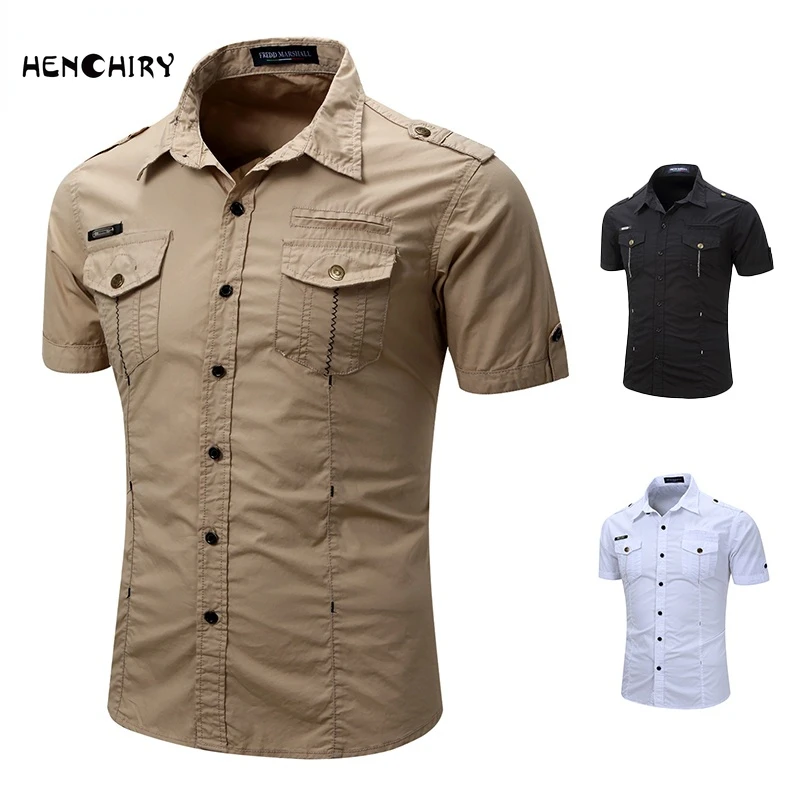 

HENCHIRY Summer Casual Men Cotton Uniform Short Sleeve Shirts Button Down Lapel Slim Fit Breathable Military Shirts Safari Style