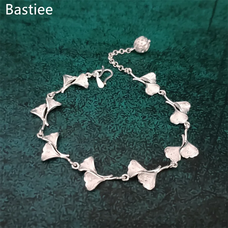 Bastiee 999 Sterlinig Silver Bracelets Ethnic Miao Handmade Ginkgo Leaf 20cm Bracelet for Women Envio Gratis