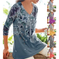 new 2022 spring and autumn womens sexy v neck long sleeved digital printing t shirt fashion casual plus size loose top