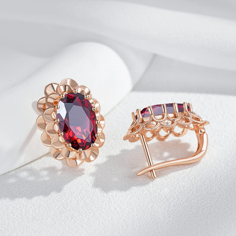 Богемные винтажные овальные большие серьги с красным цирконом 585 золотые женские