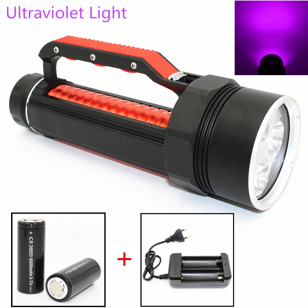 Uranusfire 20W Ultraviolet Diving Flashlight 4 UV LED Waterproof 395nm Purple Light Torch Linterna Use 26650 Battery Charger