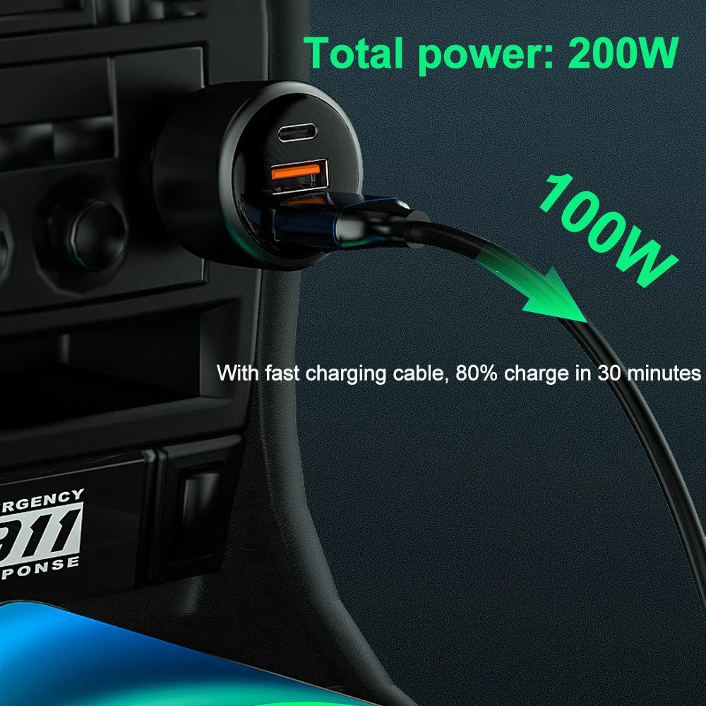 USB Car Charger 200W 125W Super Fast Charger 100W 65W PD Type-C Quick Charge3.0  For HUAWEI OPPO VOOC IPhone Xiaomi Mobile Phone