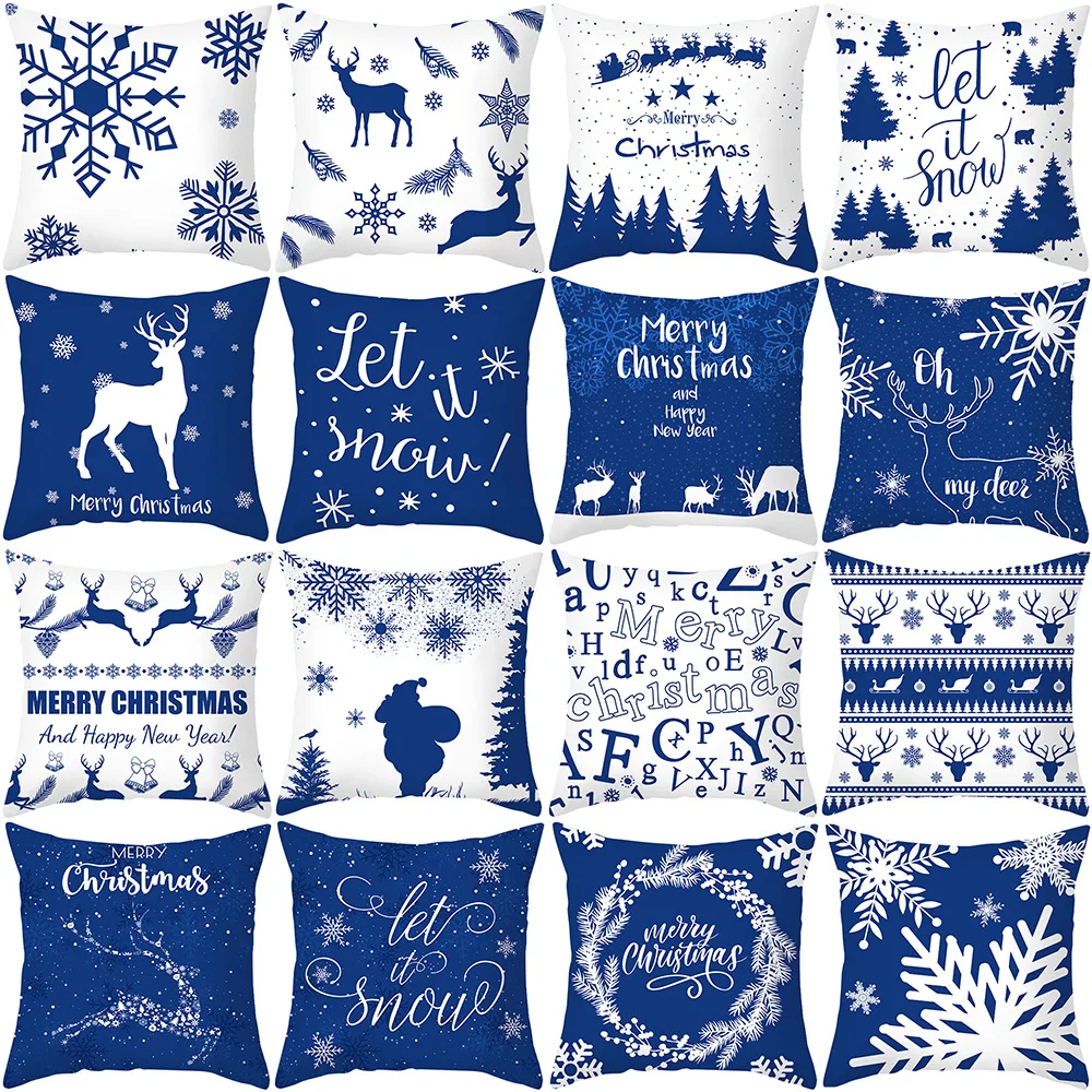 

Deep Blue White Winter Christmas Pillowcase Xmas Ornaments Sofa Pillow Cover Merry Christmas Decor Home Car Cushion Cover