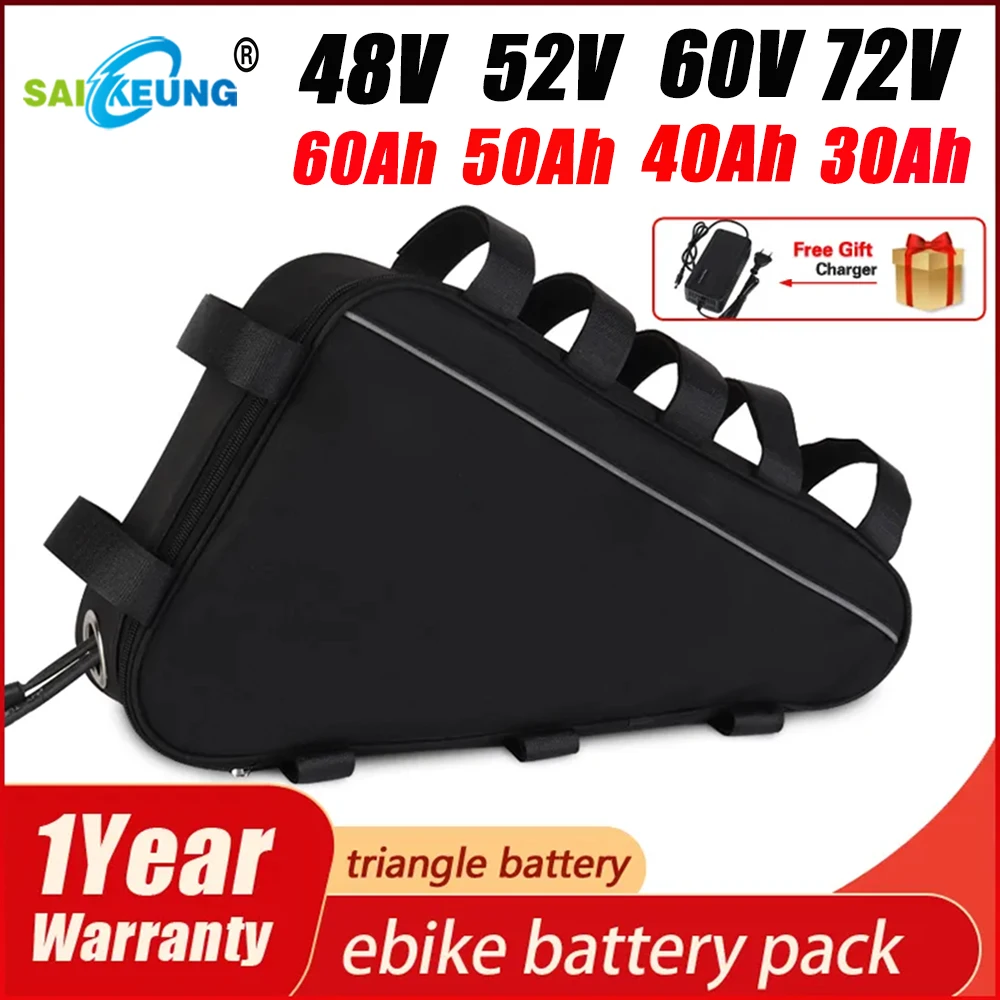 

Triangle battery 36v 48v 52v 60v 72v 20ah 24ah 30ah 40ah 50ah 60ah Huge Capacity 3000W 5000w Ebike Lithium Battery with Charger