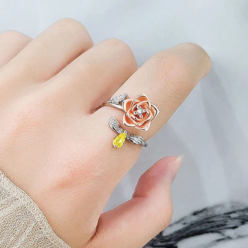 

KOFSAC Rotatable Rose Flower Ring Women Fashion 925 Silver Jewelry Shiny Zircon Yellow Insect Rings Lady Valentine's Day Gift