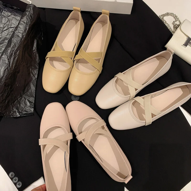 

LeShion Of Chanmeb Comfort Sheep Leather Woman Ballet Flat Shoes Beige Nude Pink Cross Elastic Band Women Sheepskin Casual Flats