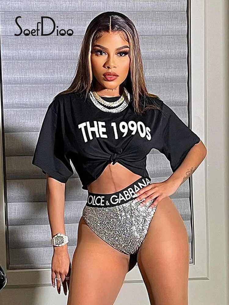 

Soefdioo Letter Printed Crop Top Women Clothing Summer 2022 Casual Loose Round Neck Short Sleeve T Shirt Sexy Streetwear
