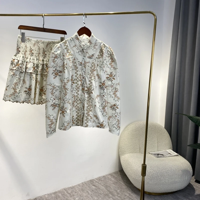 

Two Piece Set 2022 Sping New Women Fashion Floral Print Cotton Shirts and Shirred High Waist Ruffles Mini Skirt Country Style
