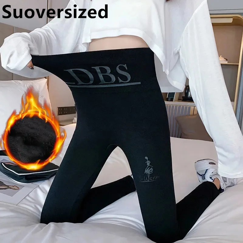

Add Velvet Winter Thick Oversized 85kg Leggings Women Slim Warm Black Bottomed Pants High Waist Stretch Plush Lining Trousers