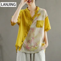 half open v neck slanted cotton and linen short sleeved lining tshirt women tops oversized vintage clothes woman summer
