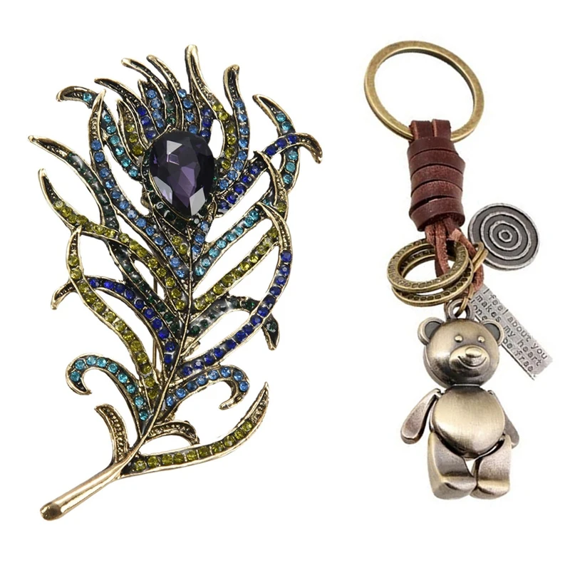 

Keychain PU Leather With New Arrival Large Women Vintage Bronze Feather Brooch