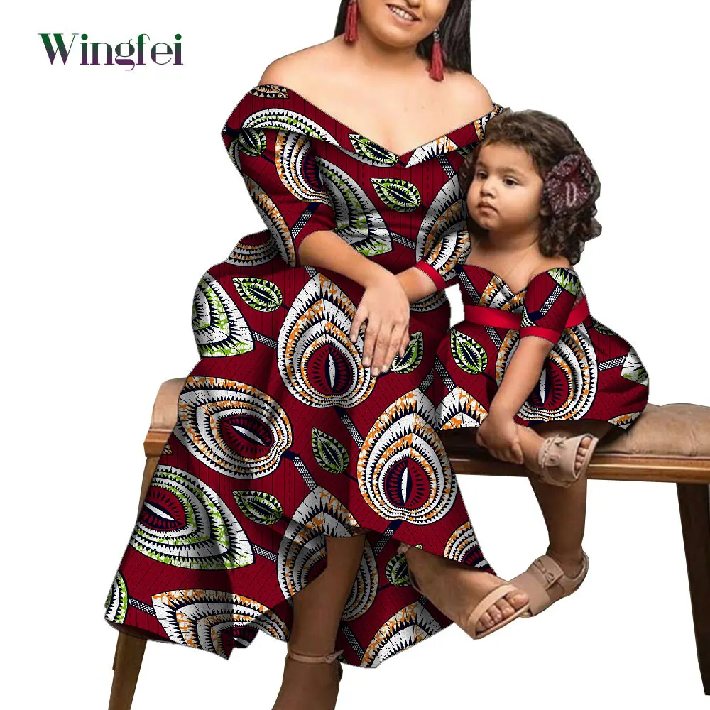 African Style Dashiki Dresses for Women and Children Ankara Fashion Parent-child Outfits Lady's Tube Dress and Girl Dress WYQ801