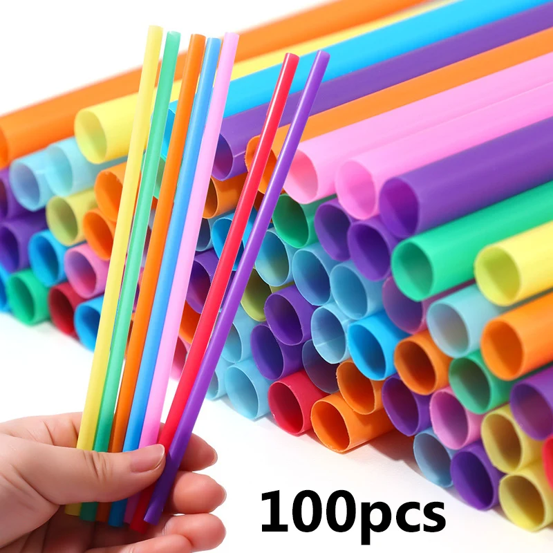 

100Pcs 19cm Colored Plastic Straws Disposable Straws Manual DIY Creative Flat Mouth Straight Tube Monochrome 8-color Mixed Pack