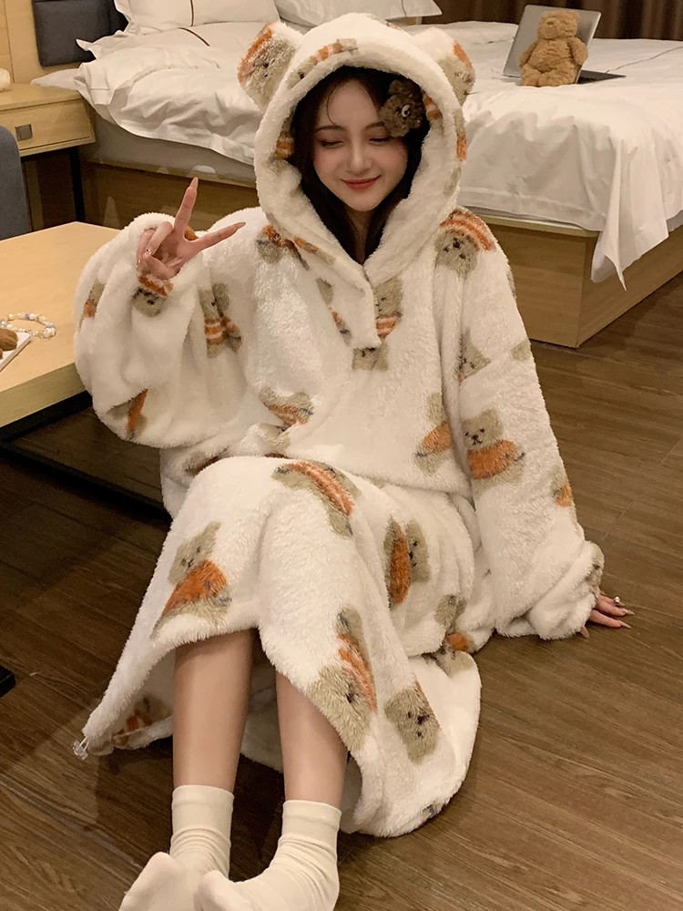 Япония GP коралловый флис длинная ночная рубашка для женщин зимняя милая толстая