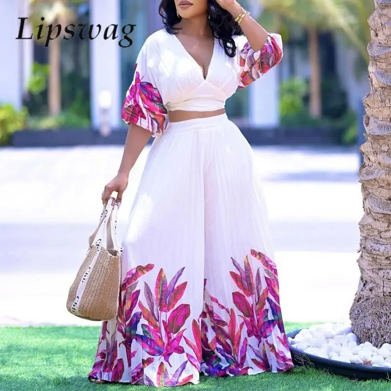 

Elegant Lantern Sleeve Shirt Tops + Wide Leg Long Pants Suit Casual Spring Summer Two Piece Set Women Fashion Print V Neck Suits