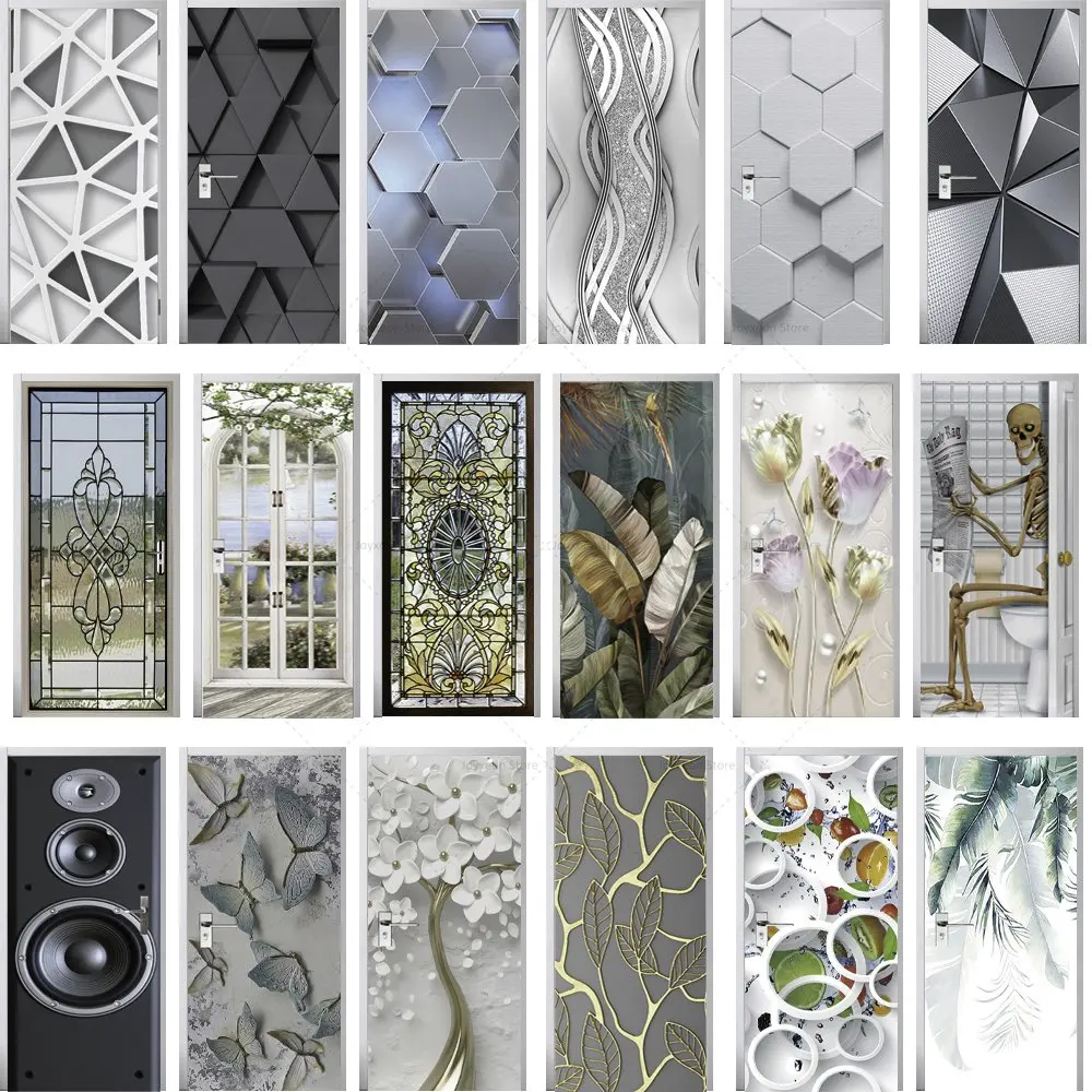 3D Geometric Door Sticker Tear and Stick PVC Waterproof Full Door Wrap Mural Room Door Photo Wallpaper Poster Decoration