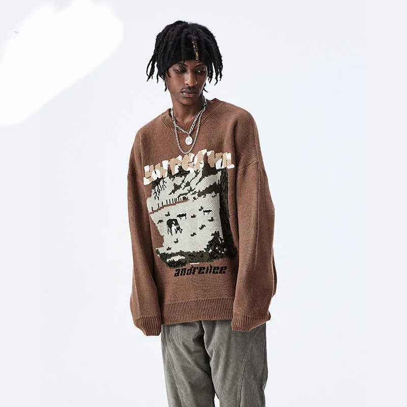 

Men's Printed Crewneck Sweater Letter Towel Embroidery Trend Winter New Knit Sweater Hip Hop Streetwear Loose Pullover for Men