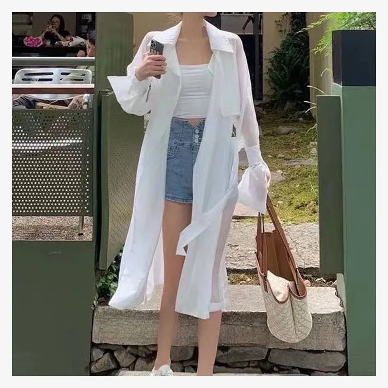 

Summer Women's Clothing Trench Fashionable Thin Coat for All-Match Exposed Sleeve Waist-Tight Mid-Length Sun Protection Shirt