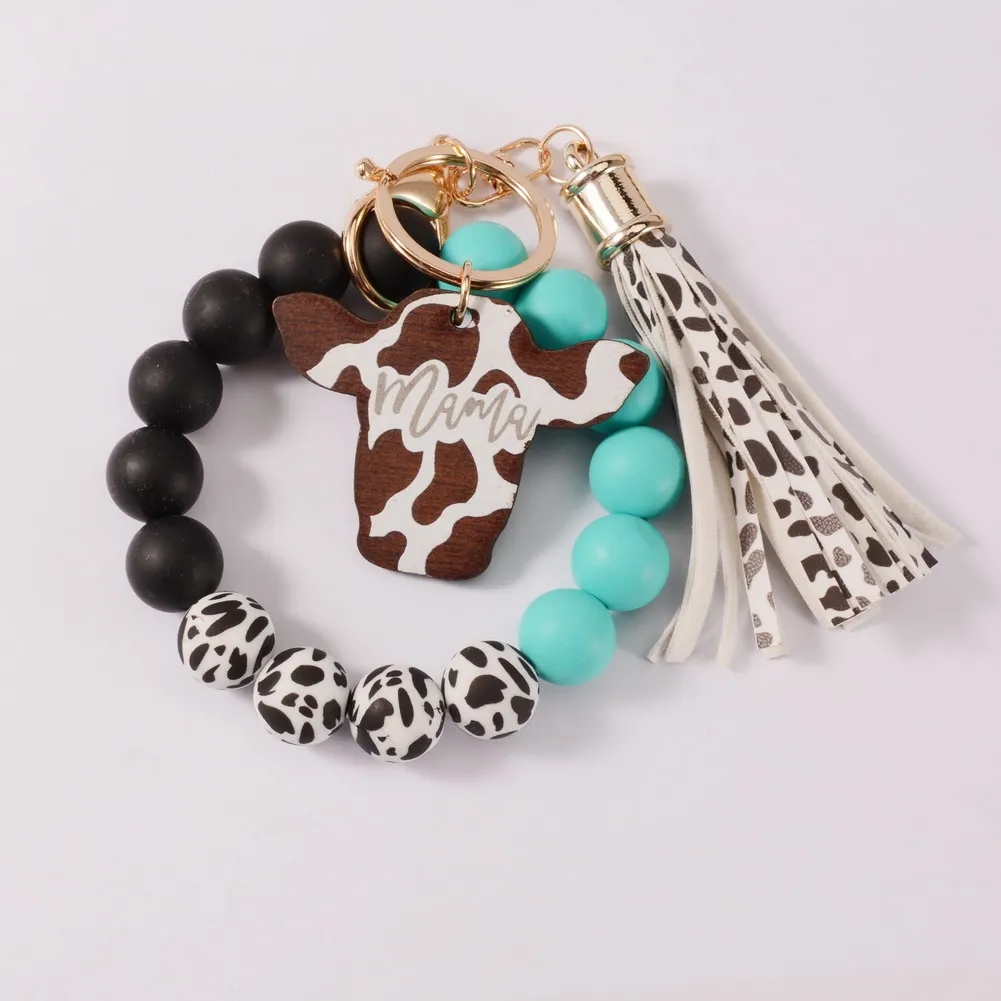 Western Style California Bison Head Shape Shiplap Wooden Engraved MAMA Wristlet Cow Patterns Silicone Beads Bracelet Keychain