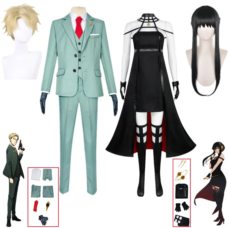 

Anime Spy X Family Cosplay Costume Killer Couple Twilight Green Suit Loid Forger Yor Forger Black Dress Halloween Party Clothes