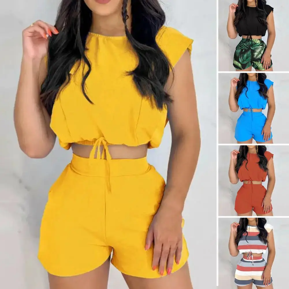 

2 Pcs/Set Women Tank Top Shorts Set Solid Color Sleeveless Elastic Hem Drawstring Leaf Print Crop Top Pants Set Female Clothes