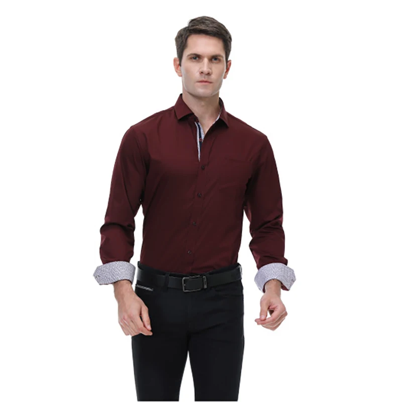 Parklees Mens Wine Red Bamboo Fiber Formal Shirt 2022 Brand New Long Sleeve Slim Fit Shirts Businees Work Non Iron Shirt Chemise