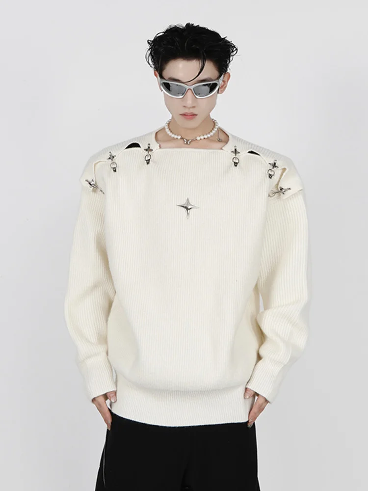 

Men's Knitted Sweater New Autumn Winter Korean Fashion Metal Buckle Hollow Out Design 2023 Solid Color Male Tops 9A5467