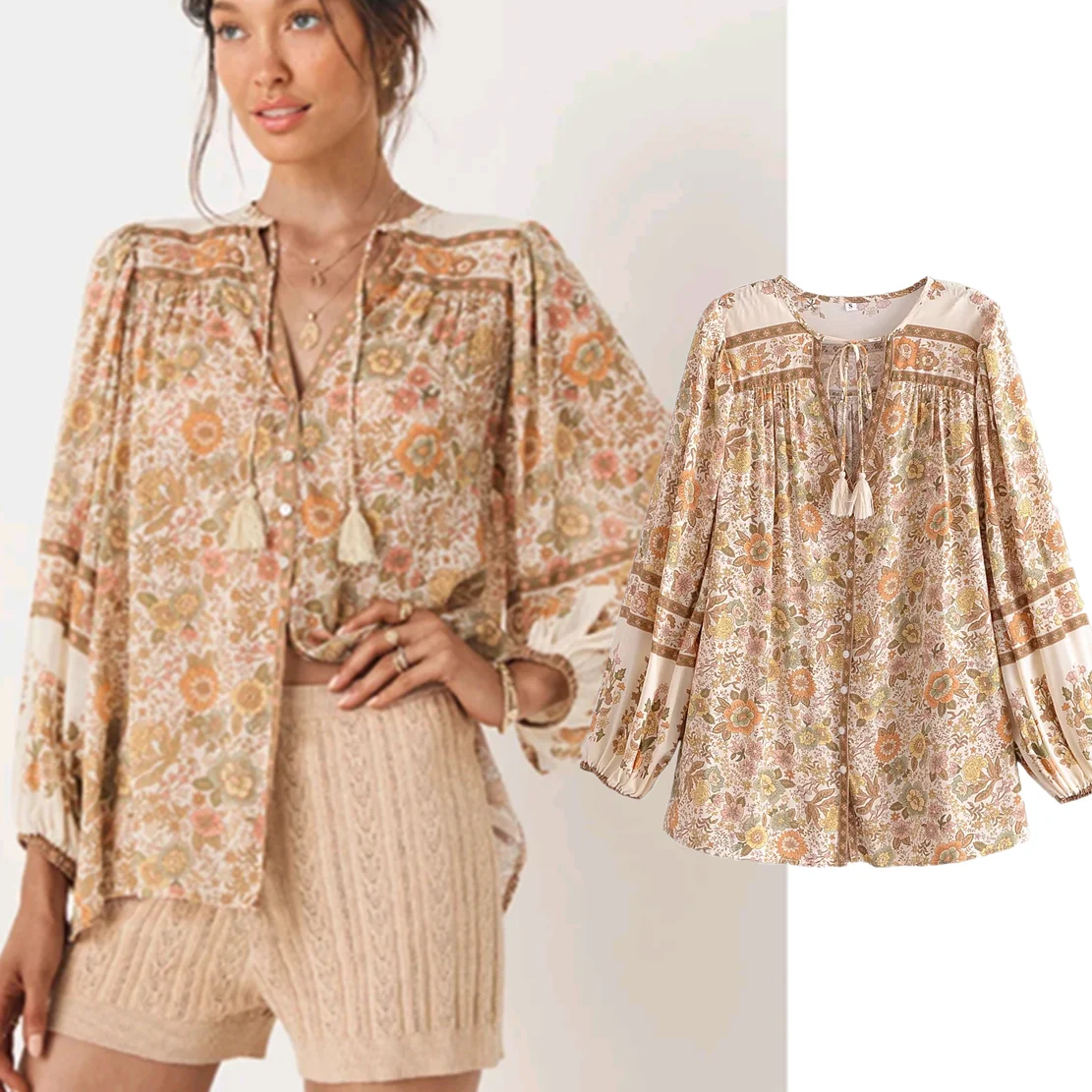 

Maxduutti Bohemian Style Vintage Floral Print Cotton Blouse Casual Shirt Women Tops With Tassels Blouse