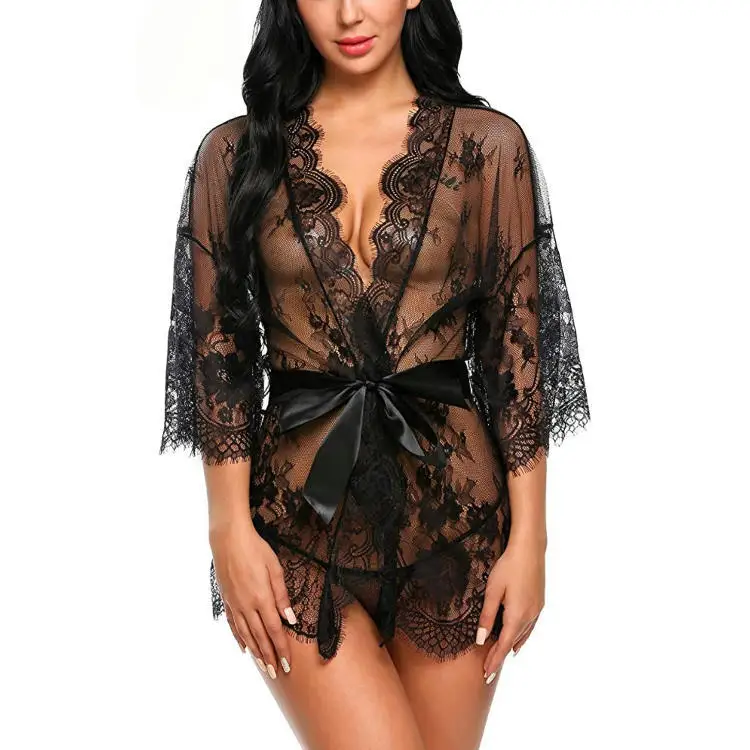

New Erotic Lingerie Women's Sexy Seduction Lace Kimono Doll Lingerie Mesh Pajamas